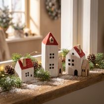 Article Ensemble de maisons décoratives en bois, rouge et blanc, décoration hivernale composée de plusieurs éléments, 13 cm, 6 pièces
