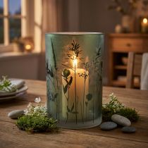 Article Photophore en verre blanc avec motif de prairie verte H18 cm