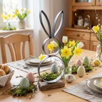 Article Décoration lapin de Pâques en métal noir et argent avec socle en bois FSC 13,5×37 cm