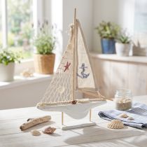 Article Voilier décoratif en bois de pin sur socle, blanc et naturel, H39 cm