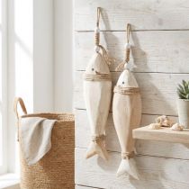 Article Suspension décorative poissons en bois avec corde en jute et perles blanches, 27 cm, par lot de 2