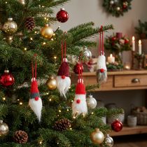 Article Lot de 12 lutins suspendus avec bonnet en laine, coloris rouge, blanc, gris, hauteur 10 à 12 cm