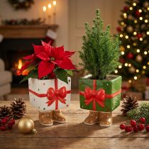 Article Cache-pot de Noël en céramique avec pieds et design cadeau, vert et blanc