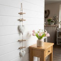 Article Suspension Déco en Bois avec Cœurs Blancs et Éléments Naturels 85 cm