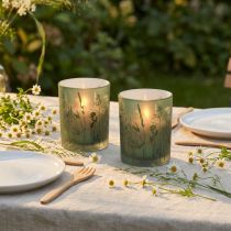 Article Lot de 2 photophores en verre vert et blanc avec motif prairie – H 12,5 cm