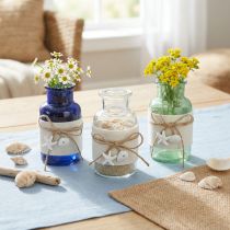 Article Set de 3 Vases-Bouteilles en Verre Maritime avec Décor Coquillages et Filz Bleu, Vert, Blanc 12,5 cm