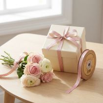 Article Ruban décoratif en satin beige et rose motif feuilles 10 mm x 20 m