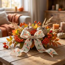 Article Ruban décoratif d'automne en polyester avec motif de baies et feuilles, 40 mm x 18 m
