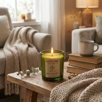 Article Bougie parfumée en cire naturelle dans un pot en verre avec couvercle en bois, parfum Manuka Honey, 85×70mm