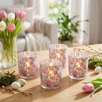 Article Photophores en verre motif tulipes roses, décor printanier, 8 cm, lot de 4