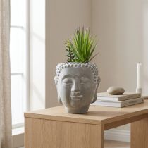Article Pot déco tête de Bouddha en béton avec plantes artificielles Ø12cm H25cm