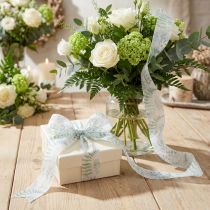 Article Ruban en Organza Motifs Feuilles Vert et Blanc 40 mm x 15 m