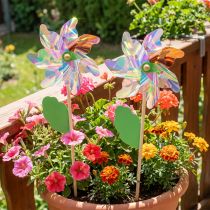 Article Moulin à Vent Fleur Irisée avec Feuille en Bois Ø24 cm - Lot de 2
