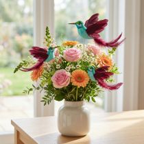 Article Décoration Colibri sur bâton turquoise bordeaux 13-15cmx9-10cm 6 pcs