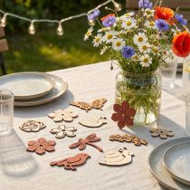 Article Assortiment Décoratif en Bois Motifs Fleurs et Animaux 72 Pièces