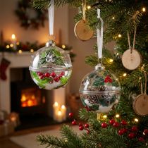 Article Boules de Noël en verre transparent à remplir avec motif houx Ø6cm - Lot de 2