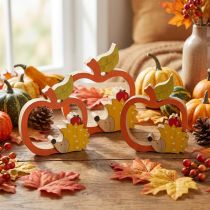 Article Déco en bois automnale - Pomme et hérisson - Set de 3 pièces