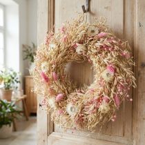 Article Couronne décorative en avoine séchée et fleurs roses Ø29 cm