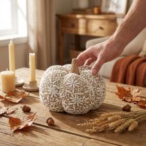 Article Citrouille décorative en tissu dentelle et jute Ø18 cm beige/blanc