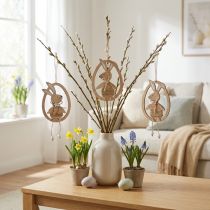 Article Duo de lapins suspendus en bois dans un œuf – Décoration de Pâques 9×1,5×23 cm (lot de 6)