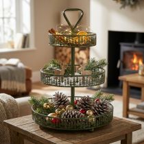 Article Etagère ronde en métal vert motif sapins trois niveaux 49 cm