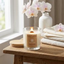 Article Bougie parfumée en cire naturelle dans un verre avec couvercle en bois, parfum Orchidée Sauvage, 85×70 mm
