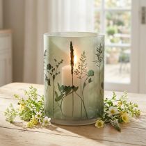 Article Lanterne en verre décorative motifs herbes vertes et blanches - Hauteur 24 cm