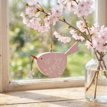 Article Décoration suspendue oiseau en bois rose avec fleur – 15×8,5 cm