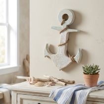 Article Ancre décorative en bois style marin bleu et blanc 42 cm