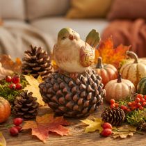 Article Figurine décorative d'automne en résine, oiseau sur pomme de pin, 19 cm
