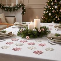 Article Flocons de Neige en Bois 4 cm Rose et Blanc avec Paillettes - Lot de 72