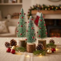 Article Sapins miniatures enneigés avec décorations rouges Ø6cm H20cm - Lot de 4
