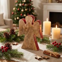 Article Figurine Ange en Bois Naturel et Rouge 15 cm