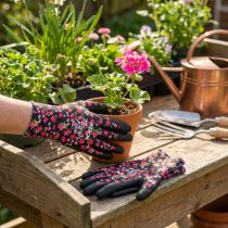 Article Gants de Jardin Noir et Rose Motif Floral en Taille 8