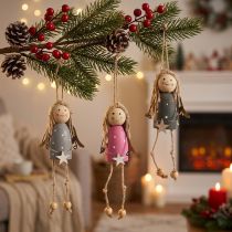 Article Ensembles d'anges décoratifs en bois à suspendre, gris et rose, 7,5 cm, lot de 6