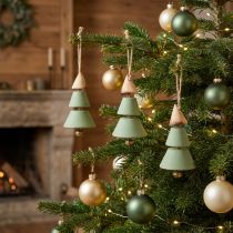 Article Décoration à Suspendre Sapins en Bois Vert et Naturel avec Clochette 10cm Lot de 4