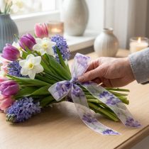 Article Ruban organza transparent motif tulipes lilas 40 mm x 18 m