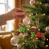 Article Décoration de Noël en métal - 2 chiens avec bonnet et écharpe - 12 cm