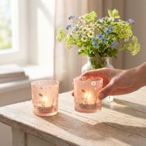 Article Lanterne en verre rose avec motif floral délicat 8 cm – Lot de 4
