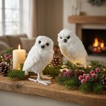 Article Lot de 2 chouettes décoratives blanches en fausse fourrure et plumes 15,5 cm
