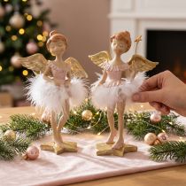 Article Figurines Anges Ballerines Roses avec Plumes et Détails Dorés - Lot de 2, H15cm