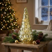 Article Sapin de Noël LED en verre vert doré 38 cm style vintage
