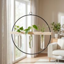 Article Vase suspendu avec tubes à essai, métal noir et bois naturel
