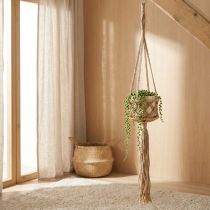Article Suspension macramé décorative beige et marron avec anneaux en métal Ø12 cm H79 cm