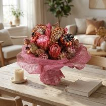 Article Bouquet de fleurs séchées en rose avec protéa, artichaut et pavot 38 cm