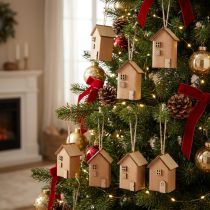 Article Décorations de Noël 9 Maisons en Bois Rotbrun avec Ficelle Naturelle