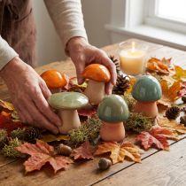Article Décoration Champignons en Céramique - Brun, Vert et Bleu - Lot de 6