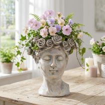 Article Cache-pot visage en buste féminin avec couronne de roses 18 cm en pierre reconstituée