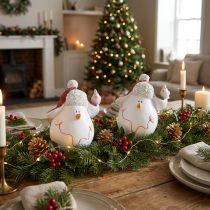 Article Figurines de Noël Bonhommes de Neige avec Bonnet Rouge et Oiseau – Lot de 2, H13cm