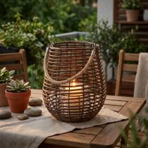Article Décoration lanterne en bois avec verre et anse en corde – Ø23cm H27cm
